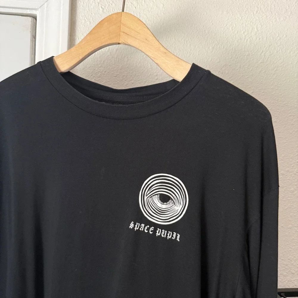 SPACE PUPIL black cotton graphic crew neck long sleeve tee t-shirt
